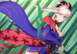 Rule 34 | 1girl, bamboo, bamboo forest, blue eyes, breasts, collarbone, detached sleeves, earrings, fate/grand order, fate (series), forest, hair ornament, japanese clothes, jewelry, katana, kimono, large breasts, leaf print, len (hand linke), looking at viewer, miyamoto musashi (fate), miyamoto musashi (third ascension) (fate), nature, pink hair, ponytail, sash, smile, solo, sword, weapon