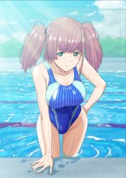 Rule 34 | 1girl, atlanta (kancolle), blue eyes, blue one-piece swimsuit, blue sky, brown hair, chain-link fence, closed mouth, cloud, cloudy sky, commentary, competition swimsuit, cowboy shot, day, earrings, fence, frown, hand on own hip, highres, jewelry, kantai collection, leaning forward, long hair, looking at viewer, medium hair, mikan 29344886, one-piece swimsuit, outdoors, pool, sky, solo, standing, star (symbol), star earrings, swimsuit, two side up, wet