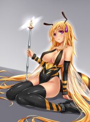 Rule 34 | 1girl, antennae, arthropod girl, bare shoulders, bee girl, black thighhighs, blonde hair, blush, bodysuit, breasts, collarbone, commentary request, covered navel, detached sleeves, full body, fur trim, grey background, groin, high heels, highleg, highleg leotard, highres, insect girl, insect wings, jewelry, leotard, light smile, long hair, looking at viewer, medium breasts, midnight (banyex), monster girl, multicolored bodysuit, multicolored clothes, original, pink eyes, revealing clothes, scepter, simple background, sitting, skin tight, solo, thighhighs, very long hair, wariza, wings, yellow bodysuit