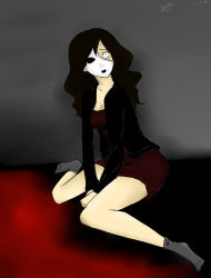 Rule 34 | bare legs, black coat, coat, creepypasta, dress, grey background, jane the killer, red floor, socks
