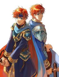 Rule 34 | 1boy, age comparison, akke, armor, blue armor, blue eyes, eliwood (fire emblem), father and son, fire emblem, fire emblem: the binding blade, fire emblem: the blazing blade, headband, holding, holding sword, holding weapon, looking at viewer, nintendo, pauldrons, red hair, shoulder armor, simple background, sword, weapon, white background