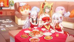 Rule 34 | 3girls, absurdres, alternate costume, alternate hairstyle, animal ears, atalanta (fate), blonde hair, bowl, cat ears, child&#039;s drawing, china dress, chinese clothes, chopsticks, cup, detached sleeves, double bun, dress, facial scar, fate/grand order, fate (series), food, fujimaru ritsuka (male), gradient hair, green hair, hair ornament, highres, holding, holding chopsticks, jack the ripper (fate/apocrypha), long hair, majiang, mash kyrielight, multicolored hair, multiple girls, nursery rhyme (fate), paper, plate, red footwear, scar, scar across eye, scar on cheek, scar on face, short hair, side slit, silver hair, sleeveless, table, twintails, two-tone hair, very long hair