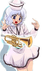 Rule 34 | 1girl, :d, arms up, blue eyes, capelet, dress, female focus, hat, head tilt, instrument, long hair, merlin prismriver, open mouth, pink skirt, simple background, skirt, smile, solo, standing, touhou, trumpet, wavy hair, white background, white hair, yuu (kfc)