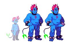 Rule 34 | 1boy, alternate form, bara, blue skin, chest hair, colored sclera, colored skin, cyclops, earrings, flaccid, hands on own hips, horns, jewelry, lowres, male focus, multiple views, navel, nipples, noill, one-eyed, penis, pink hair, pointy ears, roman (succubus game), single horn, smile, standing, succubus game, tail, testicles, uncensored, yellow sclera