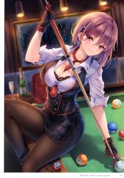 Rule 34 | 1girl, absurdres, artist name, ball, billiard ball, billiards, black pantyhose, breasts, brown eyes, brown hair, buttons, cleavage, closed mouth, cue stick, gloves, highres, jewelry, lips, looking at viewer, makirin, medium breasts, mole, mole on breast, necktie, original, page number, pantyhose, pool table, red necktie, scan, shadow, simple background, sitting, skirt, sleeves rolled up, smile, solo, table, thighs
