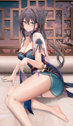Rule 34 | 1girl, aqua eyes, aqua nails, arm support, ass, barefoot, bead necklace, beads, black hair, blue dress, blush, breasts, chinese clothes, cleavage, clothing cutout, commentary, double-parted bangs, dress, gold trim, hair between eyes, hair bun, highres, honkai: star rail, honkai (series), indoors, jewelry, large breasts, legs, looking at viewer, nail polish, necklace, open mouth, pearl necklace, ponytail, ru zhai, ruan mei (honkai: star rail), shoulder cutout, single hair bun, sitting, skirt hold, solo, thighs, yokozuwari
