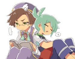 Rule 34 | ..., 2boys, blue hair, book, brown hair, closed eyes, drooling, embarrassed, glasses, green eyes, hat, karatou, klug (puyopuyo), leaning on person, male focus, mouth drool, multiple boys, no nose, pants, pocket watch, purple hat, purple pants, puyopuyo, puyopuyo fever, shirt, sig (puyopuyo), sitting, sketch, sleeping, sleeping upright, speech bubble, spoken ellipsis, spoken zzz, t-shirt, watch, wing hat ornament, yaoi, zzz