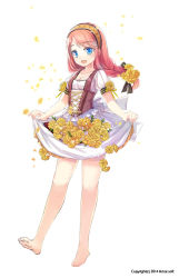 Rule 34 | 1girl, :d, barefoot, blue eyes, blush, braid, cross-laced clothes, dress, flower, full body, hair flower, hair ornament, hairband, jin young-in, long hair, looking at viewer, open mouth, original, petals, pink hair, puffy short sleeves, puffy sleeves, short sleeves, simple background, single braid, skirt basket, smile, soles, solo, toes, vest, walking, white background, white dress