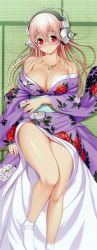 Rule 34 | 1girl, absurdres, bare shoulders, blush, breasts, cleavage, curvy, dakimakura (medium), headphones, highres, hip focus, incredibly absurdres, japanese clothes, jewelry, kimono, large breasts, long hair, looking at viewer, necklace, nitroplus, no bra, official art, pink eyes, pink hair, solo, super sonico, tears, tsuji santa, wide hips