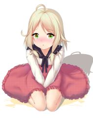 Rule 34 | absurdres, ahoge, between legs, blonde hair, blush, embarrassed, frostandsunny, full body, green eyes, hair bobbles, hair ornament, hand between legs, highres, idolmaster, idolmaster cinderella girls, long sleeves, looking at viewer, nose blush, open mouth, own hands together, peeing, peeing self, puddle, red skirt, shirt, short hair, simple background, sitting, skirt, v arms, wariza, white background, white shirt, yusa kozue