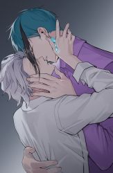 Rule 34 | 2boys, absurdres, azul ashengrotto, black hair, blue hair, closed eyes, collared shirt, couple, earrings, face-to-face, facing another, facing down, facing up, fingernails, grey background, grey hair, hair over one eye, hand on another&#039;s back, hand on another&#039;s chin, hand on another&#039;s ear, hand on another&#039;s neck, hand up, height difference, highres, hyakutennnn, imminent kiss, jade leech, jewelry, long sleeves, multicolored hair, multiple boys, profile, purple shirt, reaching, shirt, short hair, streaked hair, twisted wonderland, upper body, white shirt, yaoi