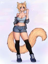 Rule 34 | 1girl, absurdres, animal ears, black socks, blonde hair, blue eyes, blue footwear, blue nails, breasts, camisole, cleavage, closed mouth, commission, contrapposto, denim, denim shorts, fingernails, full body, grey background, grey jacket, hand in pocket, hand up, highres, jacket, jacket partially removed, kneehighs, large breasts, looking at viewer, matilda fiship, nail polish, navel, original, shoes, short shorts, shorts, signature, smile, socks, solo, tail, thigh gap