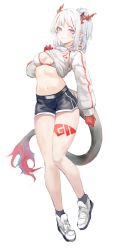 Rule 34 | 1girl, arknights, belt, bikini, black shorts, blue eyes, blush, bra, breasts, clothes pull, colored skin, dragon girl, english text, gnai, grey socks, grin, highres, hood, hood down, hoodie, horns, leg tattoo, looking at viewer, medium breasts, medium hair, midriff, multicolored hair, navel, nian (arknights), pointy ears, ponytail, pulling own clothes, red hair, red skin, shoes, short shorts, shorts, sidelocks, simple background, smile, sneakers, socks, solo, streaked hair, swimsuit, tail, tattoo, underwear, white background, white hair