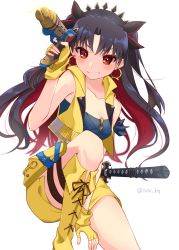 Rule 34 | 1girl, bandeau, bare shoulders, belt, black hair, blue bandeau, boots, breasts, cropped vest, earrings, fate/grand order, fate (series), fingerless gloves, gloves, grin, gun, hair ribbon, highres, hoop earrings, ichi kq, ishtar (fate), jewelry, katana, knee boots, long hair, looking at viewer, medium breasts, multicolored hair, navel, parted bangs, red eyes, red hair, ribbon, short shorts, shorts, smile, solo, space ishtar (fate), space ishtar (second ascension) (fate), sword, tiara, two-tone hair, two side up, vest, weapon, yellow footwear, yellow gloves, yellow shorts, yellow vest