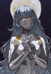 Rule 34 | 1girl, absurdres, artist name, ayanami rei, blue background, blue hair, bodysuit, chinese commentary, chioo104, commentary request, covered collarbone, dated, evangelion: 3.0+1.0 thrice upon a time, expressionless, full moon, gloves, glowing, glowing eyes, grey gloves, hair between eyes, hairpods, hands up, high collar, highres, long hair, looking at viewer, moon, neon genesis evangelion, night, night sky, outdoors, own hands together, plugsuit, rebuild of evangelion, red eyes, signature, sketch, sky, solo, star (sky), starry sky, upper body, white bodysuit