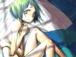 Rule 34 | 1girl, atlus, brown eyes, covering breasts, covering privates, green hair, light smile, looking at viewer, lying, nude, on back, on side, persona, persona 3, shadow, short hair, smile, solo, suminohirune, window shadow, yamagishi fuuka