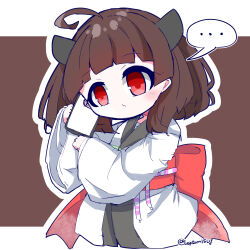 Rule 34 | ..., 1girl, ahoge, blunt bangs, bow, brown background, brown hair, cellphone, clenched hands, closed mouth, commentary, headgear, highres, holding, holding phone, japanese clothes, kimono, leptom150, light blush, long sleeves, obi, obijime, phone, red bow, red eyes, sash, short hair, sleeves past wrists, smartphone, solo, spoken ellipsis, striped, striped background, touhoku kiritan, twitter username, two-tone background, voiceroid, white background, white kimono, wide sleeves