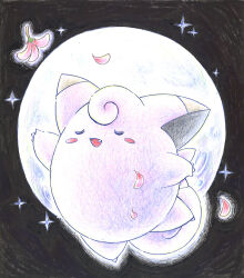 Rule 34 | 1other, blush stickers, clefairy, closed eyes, colored pencil (medium), creature, creatures (company), falling petals, fang, flower, full moon, game freak, gen 1 pokemon, kokyuuki (6345), moon, night, nintendo, no humans, open mouth, petals, pink flower, pokemon, star (symbol), traditional media