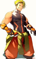 Rule 34 | 1boy, achilles (fate), alternate pectoral size, bad id, bad twitter id, baggy pants, bara, bare shoulders, covered abs, covered navel, fate/apocrypha, fate (series), feet out of frame, goggles, goggles on head, green hair, grin, hidora art, highres, jacket, jacket on shoulders, large pectorals, looking at viewer, male focus, muscular, muscular male, official alternate costume, orange pants, pants, pectorals, shirt, short hair, sideburns, sidepec, sleeveless, sleeveless shirt, smile, solo, spiked hair, taut clothes, taut shirt, undercut, yellow eyes