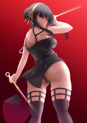 Rule 34 | 1girl, absurdres, ass, back, bare arms, bare shoulders, black dress, black hair, black panties, black thighhighs, breasts, cameltoe, dagger, dress, dual wielding, flower, gold hairband, golden rose, gradient background, hair flower, hair ornament, hairband, highres, holding, john zerowb, knees up, knife, large breasts, lone nape hair, looking at viewer, looking back, off-shoulder dress, off shoulder, panties, red background, red eyes, short hair with long locks, sidelocks, simple background, skindentation, solo, spy x family, standing, thigh gap, thighhighs, thighs, turning head, two-sided dress, two-sided fabric, underwear, weapon, yor briar