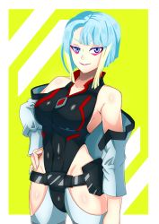 Rule 34 | 1girl, absurdres, bare shoulders, belt, black leotard, blonde hair, blue hair, breasts, clothing cutout, collared leotard, covered navel, cyberpunk (series), cyberpunk edgerunners, eyeliner, hand on own hip, highleg, highleg leotard, highres, jacket, leotard, lighter, lipstick, long sleeves, looking at viewer, lucy (cyberpunk), makeup, medium breasts, multicolored hair, off-shoulder jacket, off shoulder, purple eyes, red eyeliner, short hair, single sidelock, smile, solo, two-tone hair, white background, white jacket, wuni-ling, yellow background