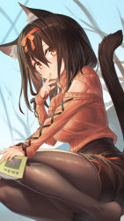 Rule 34 | 1girl, artist name, black hair, black pantyhose, black shorts, blue sky, book, brown eyes, brown sweater, clear sky, closed mouth, clothing cutout, commentary, day, finger to mouth, hair ribbon, hand on own knee, highres, holding, holding book, legs, long sleeves, looking at viewer, medium hair, mitake eil, original, outdoors, pantyhose, pantyhose under shorts, red ribbon, ribbed sweater, ribbon, short shorts, shorts, shoulder cutout, signature, sky, solo, squatting, sweater, turtleneck