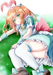 Rule 34 | 1girl, :o, absurdres, back bow, blue bow, blue dress, bow, breasts, dress, frills, green eyes, hair between eyes, highres, long hair, looking at viewer, lying, medium breasts, on side, orange hair, parted lips, pink bow, princess connect!, rino (princess connect!), rino (wonderland) (princess connect!), short sleeves, solo, takemura kou, thighhighs, thighs, twintails, white thighhighs, wrist cuffs