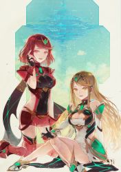 Rule 34 | 2girls, armor, blonde hair, breasts, cleavage cutout, clothing cutout, covered navel, earrings, fingerless gloves, gem, gloves, headpiece, highres, jewelry, kro, large breasts, multiple girls, mythra (xenoblade), nintendo, pyra (xenoblade), red eyes, red hair, red shorts, short hair, shorts, shoulder armor, swept bangs, thigh strap, tiara, xenoblade chronicles (series), xenoblade chronicles 2, yellow eyes