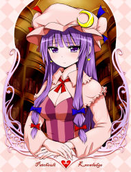 Rule 34 | 1girl, :&lt;, adapted costume, blush, book, bookshelf, bow, breasts, capelet, character name, cleavage, crescent, earrings, female focus, hair bow, hat, highres, jewelry, large breasts, long hair, patchouli knowledge, purple eyes, purple hair, revision, solo, striped, sweatdrop, touhou, upper body, vertical stripes, zaxwu