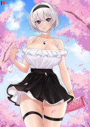 Rule 34 | 1girl, alternate breast size, alternate costume, bag, bare shoulders, black hairband, black skirt, blue eyes, blue sky, bracelet, breasts, cherry blossoms, choker, chungmechanic, cleavage, closed mouth, cloud, earrings, falling petals, frills, hair between eyes, hairband, handbag, highres, jewelry, large breasts, looking at viewer, miniskirt, mole, mole under mouth, necklace, nier:automata, nier (series), off-shoulder shirt, off shoulder, petals, shirt, shirt tucked in, silver hair, skirt, sky, smile, standing, thick thighs, thigh strap, thighs, white choker, 2b (nier:automata)