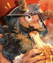 Rule 34 | !, !!, 1boy, beard, black hair, cheese trail, dungeon meshi, dwarf, eating, facial hair, fake horns, food, helmet, highres, holding, holding food, horned helmet, horns, male focus, mustache, portrait, red background, ruoliang, senshi (dungeon meshi), solo, steam