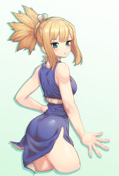 Rule 34 | 1girl, 2019, absurdres, armpits, arms up, blonde hair, blue dress, blue sky, blush, bra, breasts, cleavage, cloud, cropped legs, dated, day, dr. stone, dress, from below, from side, green eyes, groin, hand on own hip, highres, kohaku (dr. stone), long hair, looking back, medium breasts, mochirong, navel, outdoors, outstretched hand, parted lips, ponytail, shiny clothes, short dress, side slit, sidelocks, sky, sleeveless, sleeveless dress, solo, standing, underwear, wading, white background, white bra