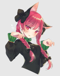 Rule 34 | 1girl, :3, animal ear fluff, animal ears, black bow, bow, braid, breasts, cat ears, commentary, cropped torso, dress, grey background, grey dress, hair bow, hair ribbon, heart, juliet sleeves, kaenbyou rin, kirisita, long hair, long sleeves, looking at viewer, one-hour drawing challenge, paw pose, puffy sleeves, red eyes, red hair, ribbon, simple background, small breasts, solo, touhou, tress ribbon, twin braids, twintails, upper body