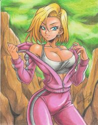 Rule 34 | 1girl, 2018, absurdres, android 18, artist name, blonde hair, blue eyes, bra, breasts, cleavage, collarbone, cowboy shot, dragon ball, dragon ball super, dragonball z, earrings, female focus, green sky, highres, jacket, jewelry, large breasts, open clothes, open jacket, outdoors, pants, partially unzipped, pink jacket, pink pants, ravernclouk design, rock, short hair, smile, solo, sportswear, standing, traditional media, underwear, undressing, white bra