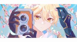 Rule 34 | 2boys, aether (genshin impact), blonde hair, camera, cherry blossoms, earrings, fcc (fengcheche), genshin impact, gloves, hair between eyes, highres, holding, holding camera, jewelry, male focus, multiple boys, orange eyes, parted lips, petals, reflection, xiao (genshin impact)