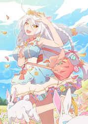 Rule 34 | 1girl, :3, animal, animal ears, artist request, bag, black hanekawa, bow, bowtie, braid, breasts, cat ears, day, dress, easter, easter egg, egg, fangs, flower, hair flower, hair ornament, hanekawa tsubasa, high heels, highres, large breasts, long hair, looking at viewer, monogatari (series), monogatari series puc puc, official art, open mouth, rabbit, shoulder bag, slit pupils, smile, solo, source request, standing, standing on one leg, very long hair, white hair, yellow eyes