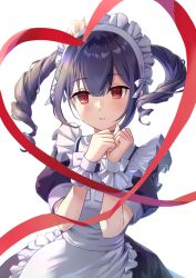 Rule 34 | absurdres, apron, black hair, blush, bow, bowtie, clenched hands, commentary request, curly hair, frilled apron, frills, heart, highres, hoshina hoshimi, idolmaster, idolmaster shiny colors, long hair, looking at viewer, maid, maid apron, maid headdress, morino rinze, puffy short sleeves, puffy sleeves, red eyes, red ribbon, ribbon, short sleeves, sidelocks, solo, twintails, upper body, white background, wrist cuffs