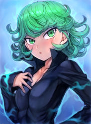 Rule 34 | 1girl, aura, black dress, blush, breasts, curly hair, dress, energy, psychic, fantasy, glowing, green eyes, green hair, hand on own chest, highres, looking at viewer, magic, mogudan, one-punch man, psychic, short hair, simple background, small breasts, tatsumaki, upper body