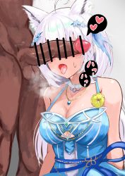 Rule 34 | absurdres, blue dress, breasts, breath, cleavage, dark-skinned male, dark skin, dress, heart, heavy breathing, highres, hololive, penis, penis on face, penis over eyes, saomono, shirakami fubuki, spoken heart, tongue, tongue out, virtual youtuber