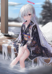 Rule 34 | 1girl, absurdres, black eyes, black kimono, blue archive, braid, closed mouth, feet out of frame, hair over one eye, halo, highres, japanese clothes, kimono, long hair, long sleeves, obi, onsen, pink hair, plana (blue archive), red halo, sash, single braid, sitting, snacks00, soaking feet, solo, water, white hair, wide sleeves