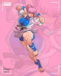 Rule 34 | 1girl, bare shoulders, blue eyes, bracelet, breasts, character name, edwin huang, feet, full body, highres, jewelry, karate uniform, large breasts, light blush, looking at viewer, manon legrand, muscular, muscular female, nails, one leg raised, pink background, pink hair, shorts, smile, street fighter, street fighter 6, toeless legwear
