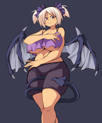 Rule 34 | 1girl, bare shoulders, breasts, curvy, demon girl, demon tail, demon wings, female focus, hair ornament, hair ribbon, navel, original, pants, red eyes, ribbon, shirt, short hair, short twintails, simple background, solo, standing, tail, tongue, twintails, uccow, underboob, white hair, wide hips, wings