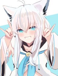 Rule 34 | 1girl, ahoge, animal ear fluff, animal ears, blue neckerchief, blush, braid, chickentikin53, commentary request, detached sleeves, double fox shadow puppet, earrings, fox ears, fox girl, fox shadow puppet, green eyes, grin, hair between eyes, highres, hololive, hood, hoodie, jewelry, long hair, looking at viewer, neckerchief, shirakami fubuki, shirakami fubuki (1st costume), sidelocks, single braid, smile, solo, virtual youtuber, white hair, white hoodie