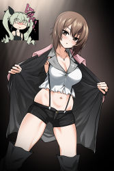 Rule 34 | 2girls, :o, anchovy (girls und panzer), black background, black camisole, black footwear, black gloves, black ribbon, black shorts, blush, boots, breasts, brown eyes, brown hair, camisole, cleavage, closed mouth, coat, colored skin, commentary request, drill hair, fingerless gloves, girls und panzer, gloves, green hair, hair ribbon, highres, inset, insignia, jewelry, looking at viewer, medium breasts, midriff, multiple girls, navel, navel piercing, necklace, nishizumi maho, open clothes, open coat, open mouth, opened by self, piercing, pink coat, ribbon, saitou gabio, shirt, short hair, short shorts, shorts, sleeveless, sleeveless shirt, standing, suspender shorts, suspenders, sweat, thigh boots, thighhighs, translated, twin drills, twintails, white skin