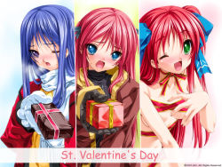 Rule 34 | 3girls, blush, gift, holding, holding gift, multiple girls, naked ribbon, ribbon, senomoto hisashi, valentine