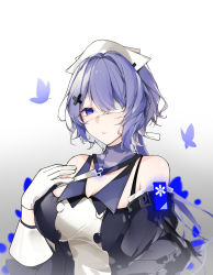 Rule 34 | 1girl, arknights, bad id, bad pixiv id, bare shoulders, black dress, black sleeves, breasts, bug, butterfly, cleavage, detached sleeves, dress, eyepatch, gloves, gradient background, grey background, hair ornament, hair over one eye, hand on own chest, highres, insect, joshua (shisanli934), large breasts, long sleeves, medical eyepatch, parted lips, purple eyes, short hair, silver hair, simple background, solo, upper body, whisperain (arknights), white background, white gloves, white headwear, x hair ornament