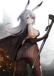 Rule 34 | 1girl, absurdres, animal ears, arknights, ass, backless dress, backless outfit, bare shoulders, black cape, black dress, black gloves, boots, breasts, brown thighhighs, cape, commentary, cowboy shot, dress, elbow gloves, ema (kuguiema), from behind, gloves, grey eyes, hair between eyes, hammer, highres, holding, holding hammer, holding weapon, long hair, looking at viewer, looking back, medium breasts, one side up, pantyhose, rabbit ears, savage (arknights), short dress, side slit, silver hair, sleeveless, sleeveless dress, smile, solo, standing, thigh boots, thighhighs, thighs, weapon