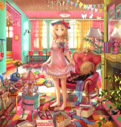 Rule 34 | 1girl, bare shoulders, barefoot, bead curtain, blonde hair, braid, cat, chair, clothes lift, corded phone, dress, female focus, flower, fuzichoco, highres, indoors, lamp, legs, long hair, original, phone, room, see-through, skirt, skirt lift, smile, solo, touhou, yellow eyes