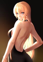 Rule 34 | 1girl, alternate costume, azur lane, back, back focus, backless dress, backless outfit, bare back, bare shoulders, bismarck (azur lane), black dress, blonde hair, blue eyes, bow, bracelet, breasts, closed mouth, commentary request, dress, earrings, from behind, hair between eyes, hair bow, hand on own hip, highres, jewelry, lips, long hair, looking at viewer, medium breasts, necomilk, revision, shoulder blades, sideboob, solo, standing