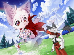 Rule 34 | belt, bouquet, bow, cat, dagger, flower, furry, grass, headband, knife, moon, outdoors, rainbow, red eyes, tail tales, tree, water, weapon, whiskers, yaminabe aries